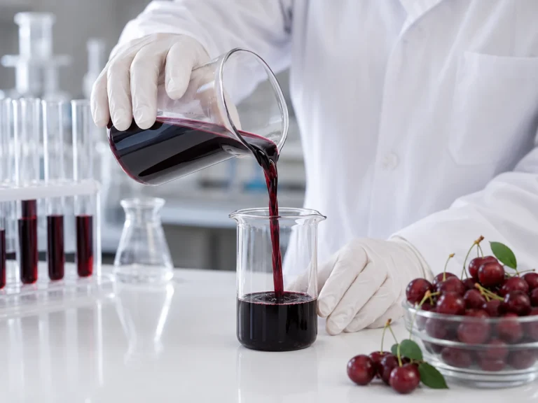 Laboratory quality analysis of sour cherry concentrate with dark red juice samples and fresh sour cherries