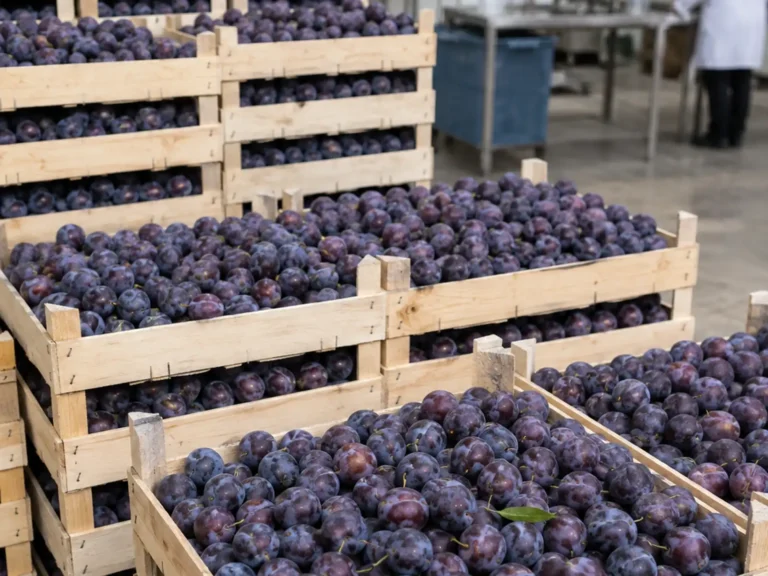 Fresh plums in wooden crates at a fruit processing facility