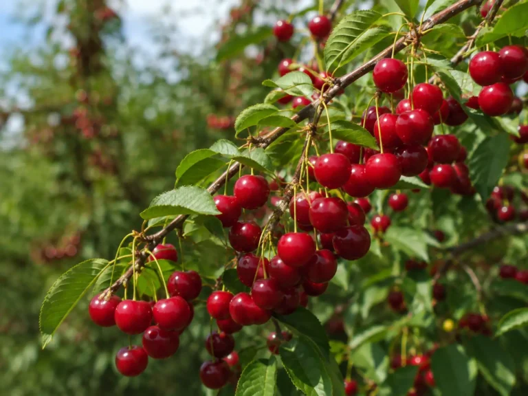 Ripe sour cherries growing on orchard branches ready for industrial concentrate production