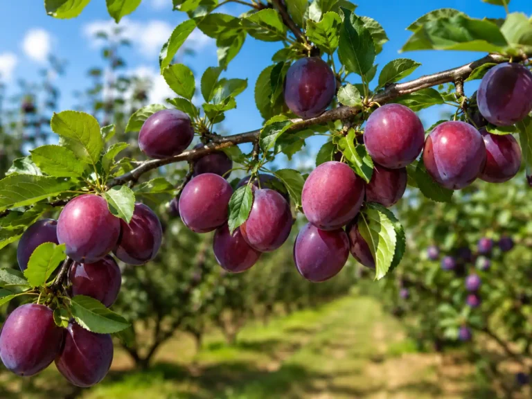 Ripe purple plums growing naturally on a plum tree in an orchard