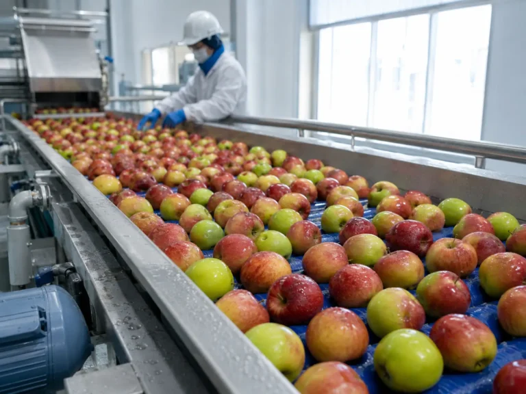 Fresh apples being washed and sorted on an industrial apple concentrate processing line