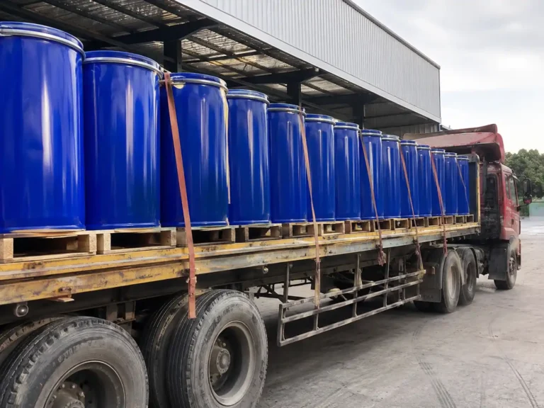 Bulk apple puree drums loaded on a truck for industrial transportation and export