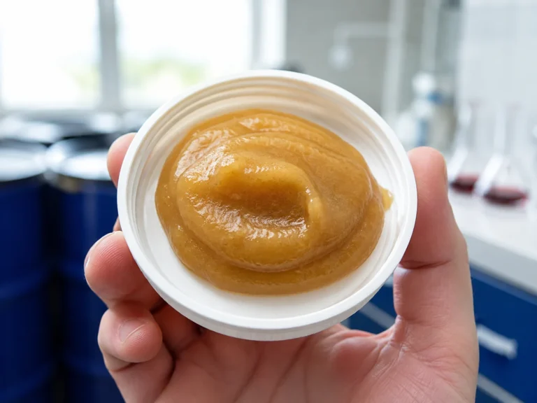 Close-up sample of smooth industrial apple puree showing natural texture and consistency