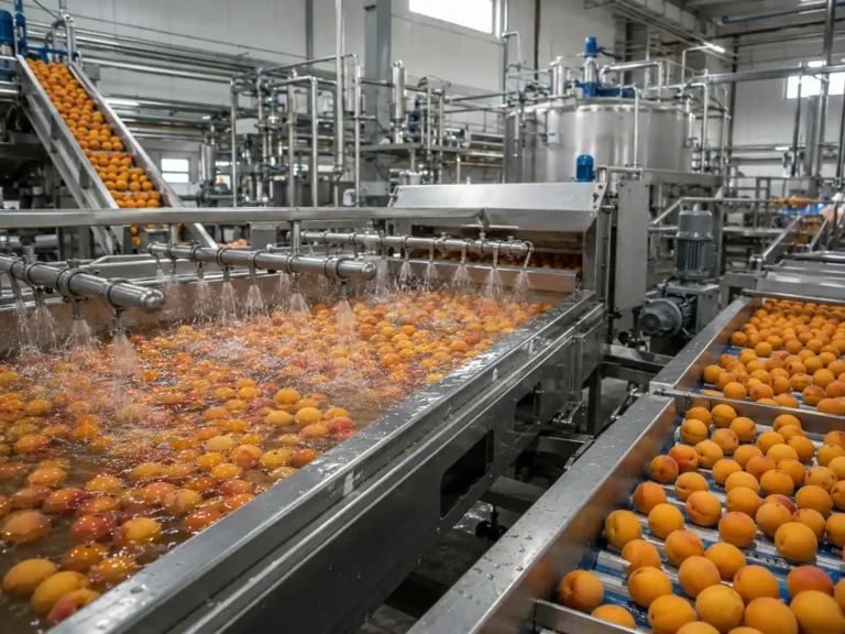 Alt Text: Industrial apricot washing and sorting line for apricot juice concentrate production