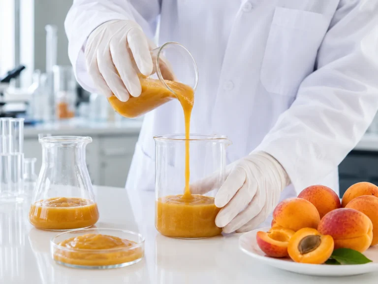 Food technician testing fresh apricot puree in a laboratory with ripe apricots