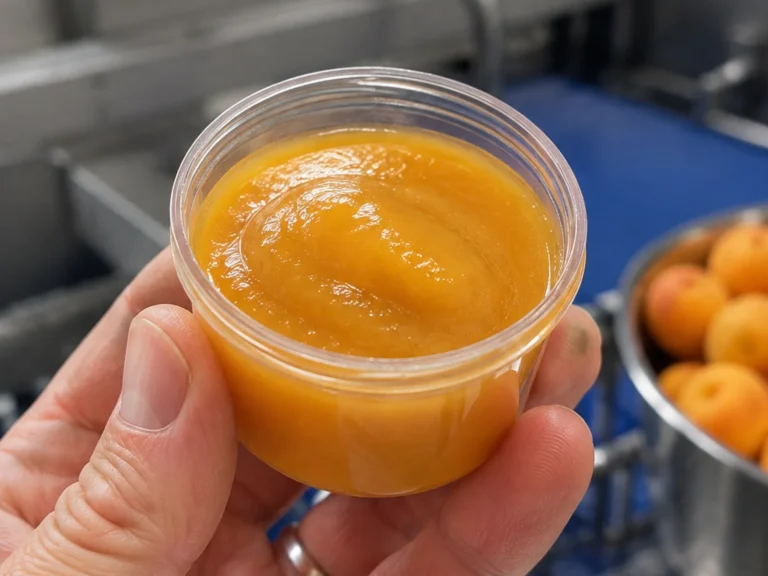 Close-up of smooth apricot puree sample held in a food processing facility