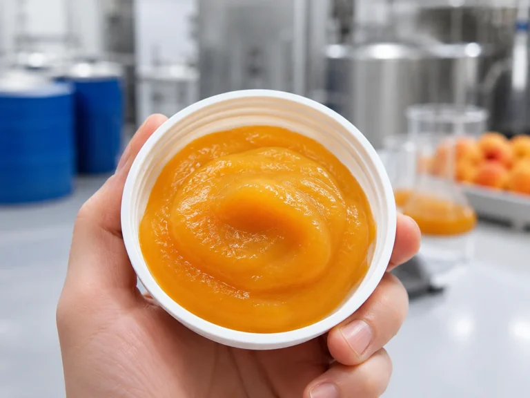 Fresh apricot puree in a sample cup inside an industrial fruit processing plant