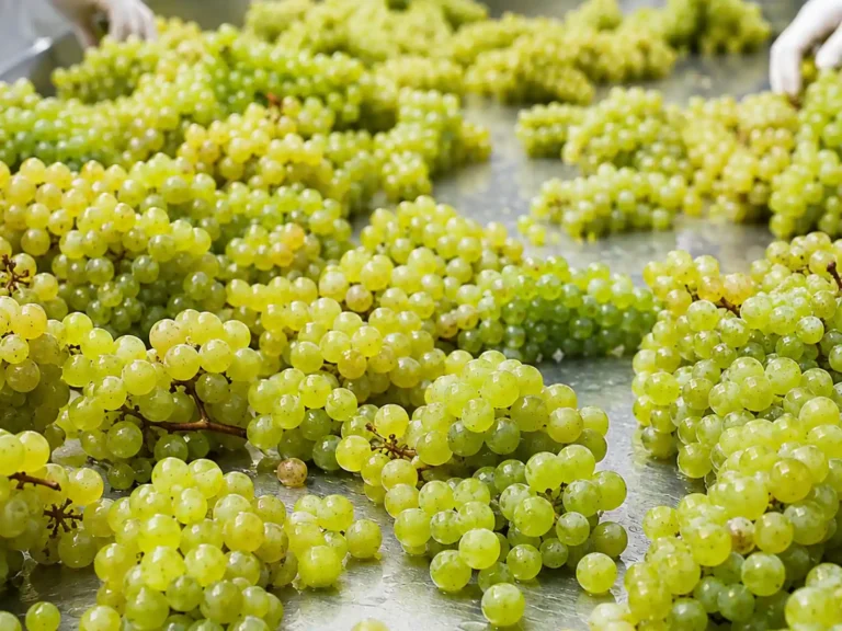 Fresh white grapes being sorted and prepared for industrial grape concentrate processing