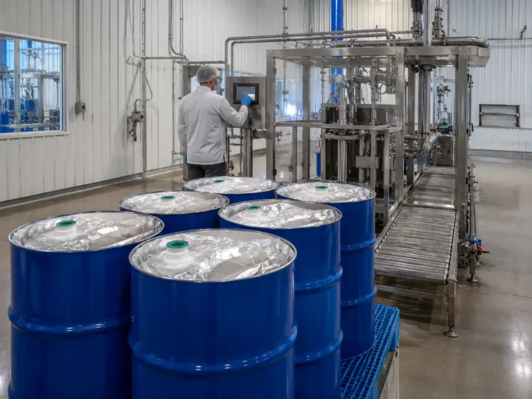 Industrial Fruit concentrate production and aseptic filling line with blue drums