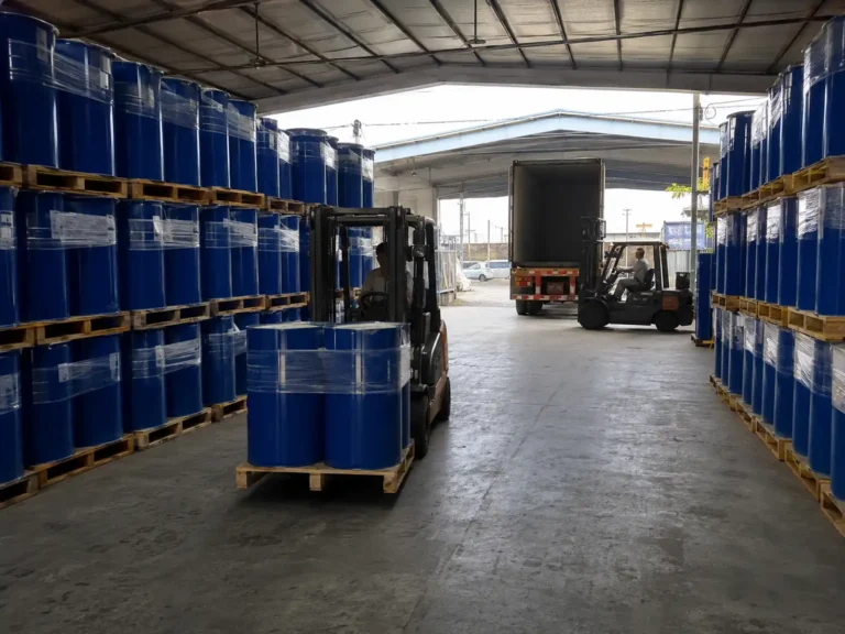 Aseptic Fruit concentrate drums stored and prepared for international export shipment