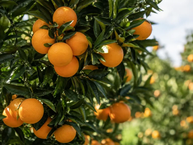 Fresh ripe oranges growing on citrus trees in an orange orchard for juice concentrate production