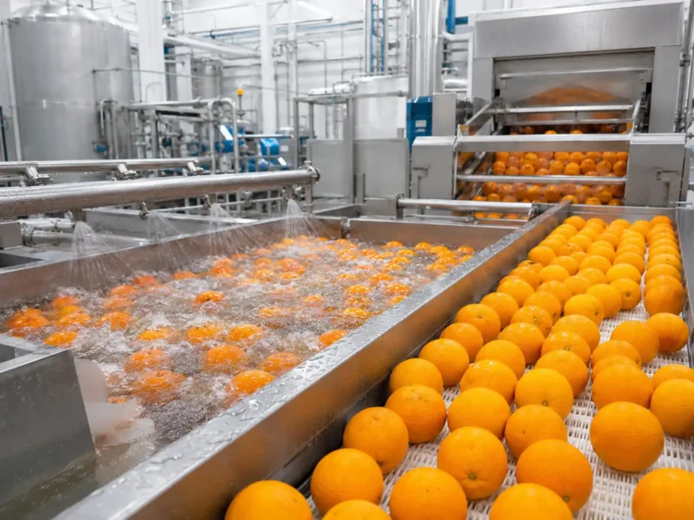 Industrial orange washing and sorting line for orange juice concentrate processing