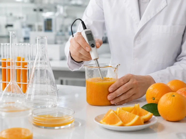 Quality control technician testing orange juice concentrate in a food processing laboratory