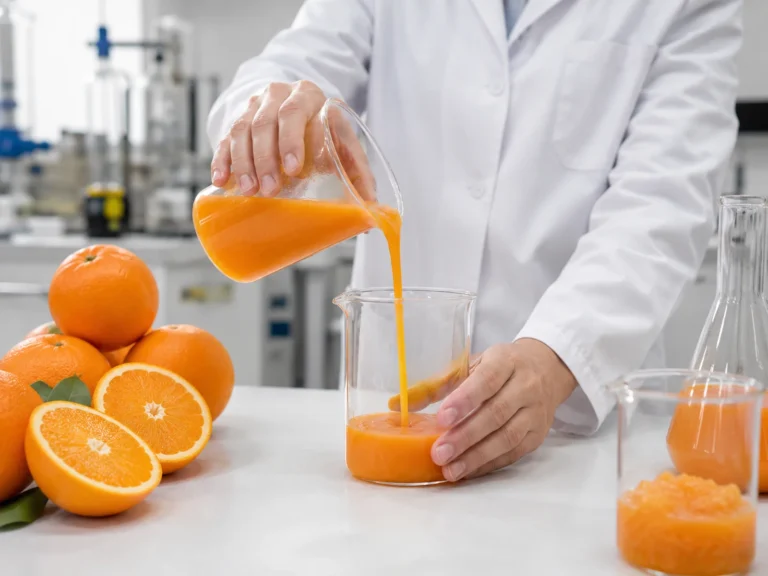 Laboratory technician pouring orange juice concentrate for quality analysis and product testing