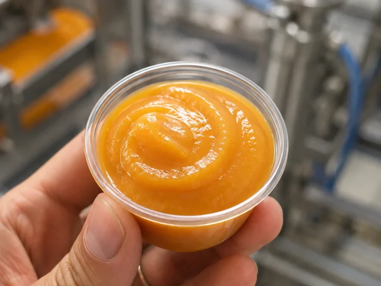 Fresh peach puree sample held in front of an industrial processing line