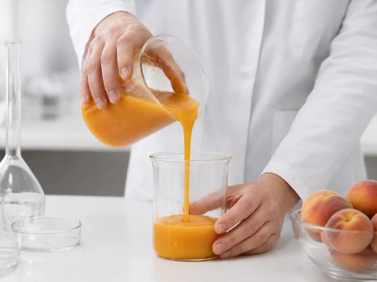 Laboratory technician pouring peach concentrate sample into a glass beaker for quality analysis