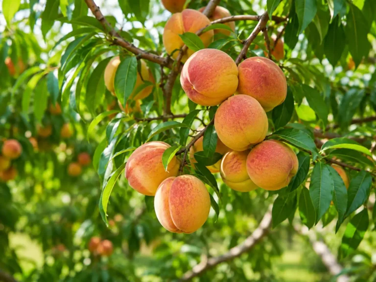 Fresh ripe peaches growing on trees in an orchard for peach concentrate production