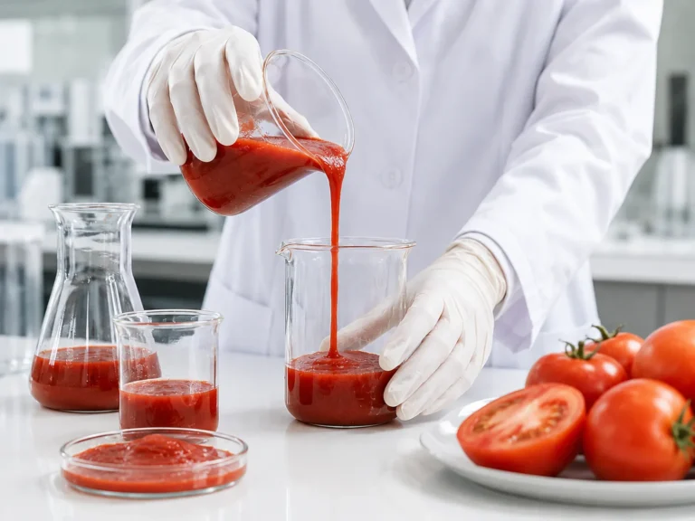 Laboratory quality testing of tomato paste in glass beakers with fresh tomatoes