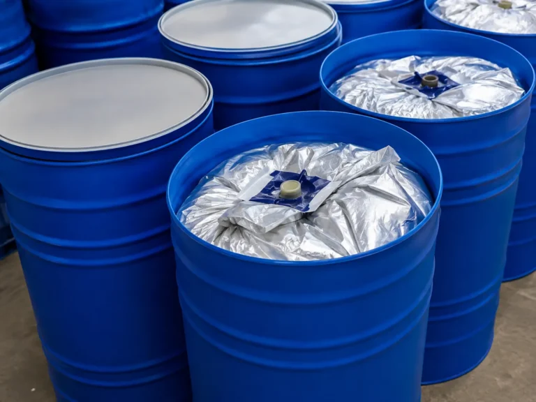 Blue industrial drums with aseptic bags for bulk tomato paste