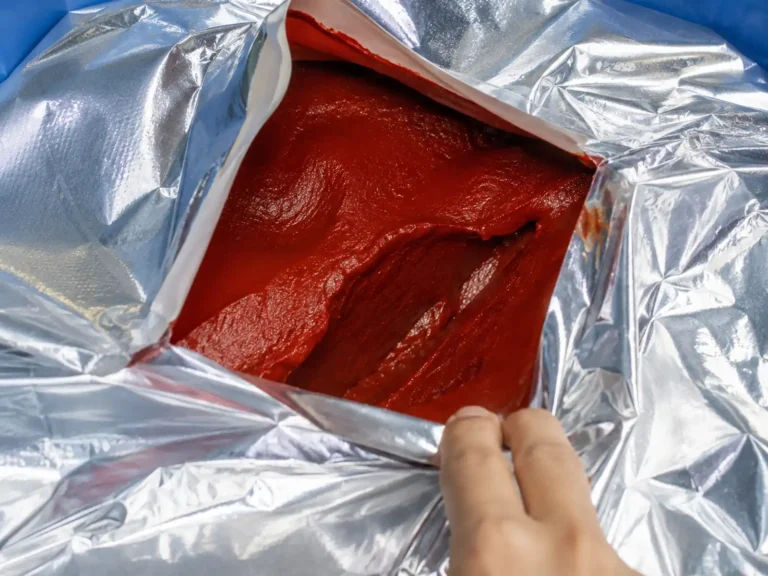 Aseptic tomato paste in a silver foil bag inside a blue industrial drum