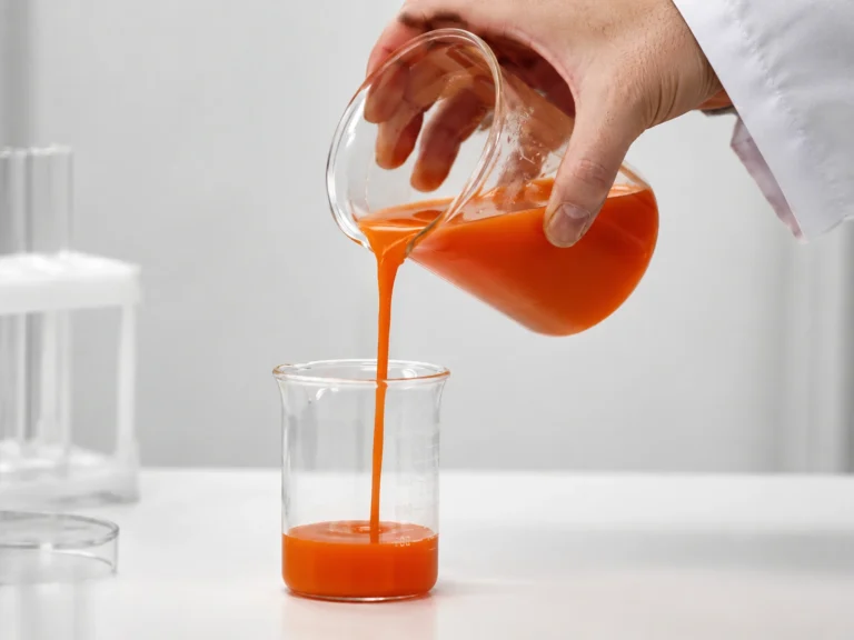 Laboratory technician preparing a carrot juice concentrate sample for quality analysis