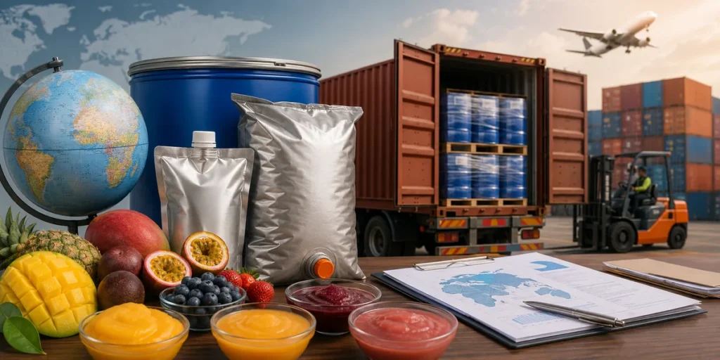 Bulk fruit concentrate drums prepared for international container shipping and export documentation