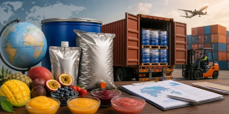 Bulk fruit concentrate drums prepared for international container shipping and export documentation