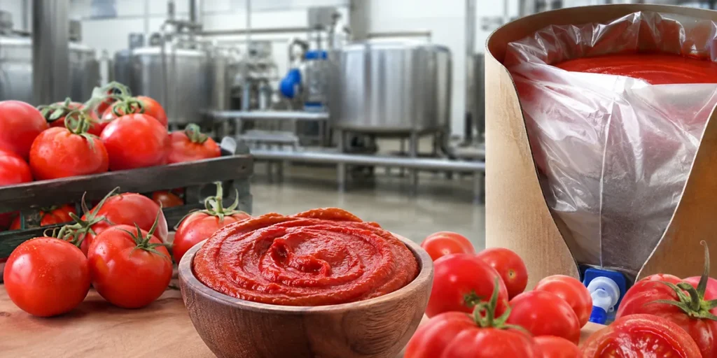 Industrial aseptic tomato paste production with fresh processing tomatoes and bulk packaging