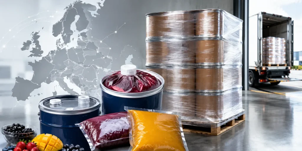 Aseptic fruit ingredient drums and export packaging prepared for the European market